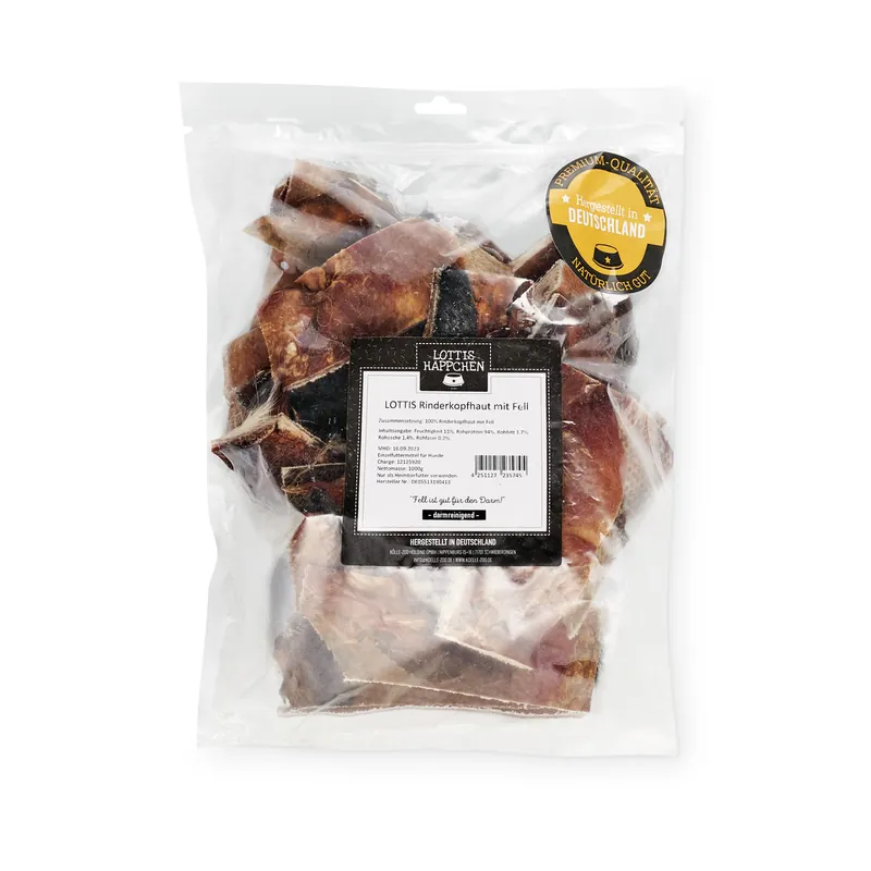 Markenware LOTTIS HÄPPCHEN Rinderkopfhaut mit Fell 15 cm 1 kg